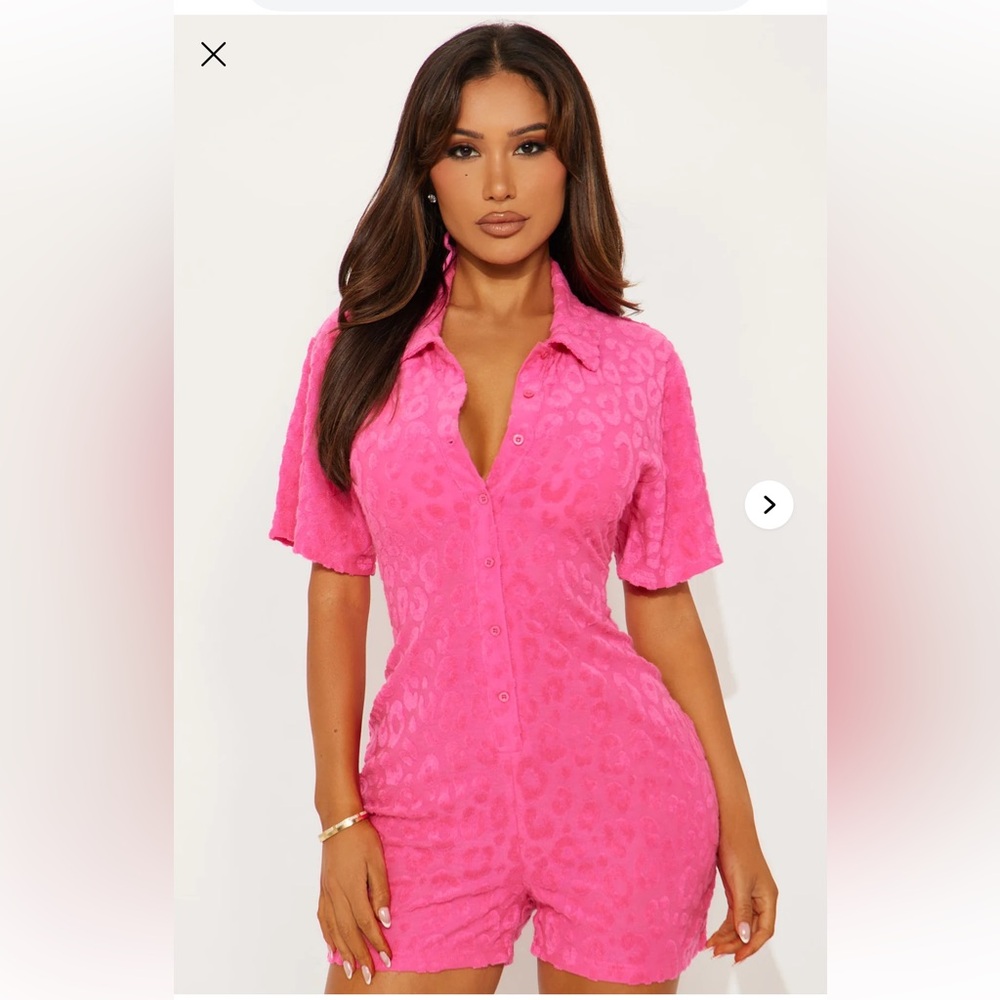 Poolside Chill Collared Leopard Embossed Terry Cover Up Romper - Hot Pink